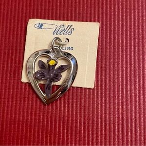 WELLS CHARM STERLING SILVER HEART PURPLE FLOWER IRIS FOR BRACELET NEW ON CARD